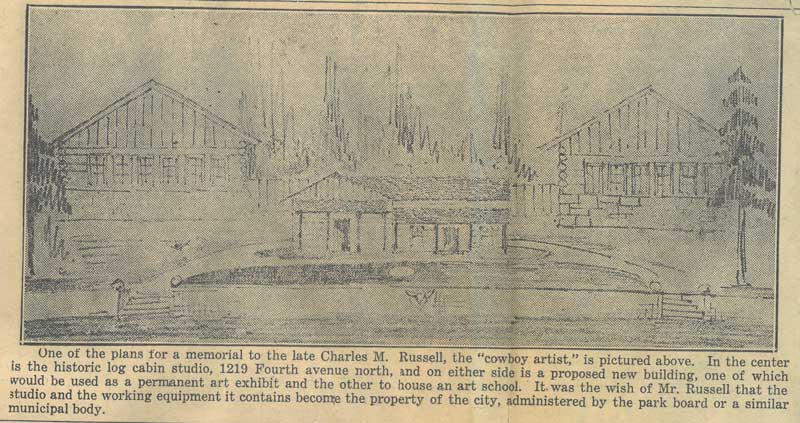 J. Van Teylingen after Jessie Lincoln. Sketch of Russell Memorial, July 1927. “Russell’s Cabin Studio To Become City Property,” Newspaper clipping 31 July 1927 CMRM Scrapbook archives