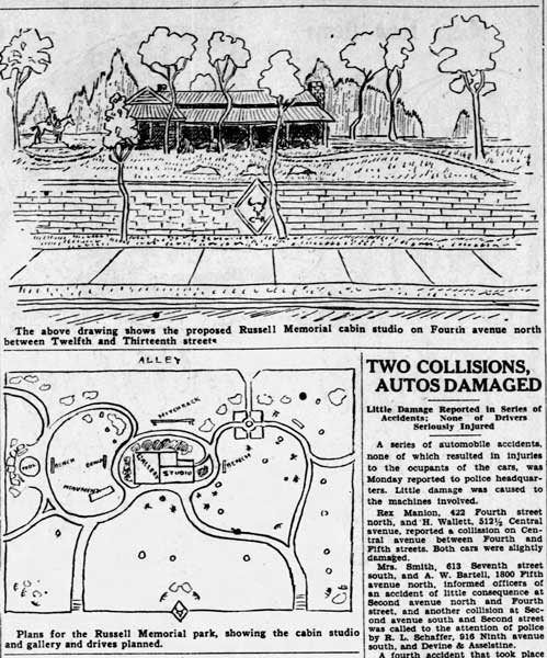 Joe De Yong. Drawings of the Russell Memorial Cabin Studio and Park, 1928. “Russell Memorial Committee Gives Deed To City; Will Provide Tax For Upkeep,” Great Falls Tribune, Aug. 7, 1928