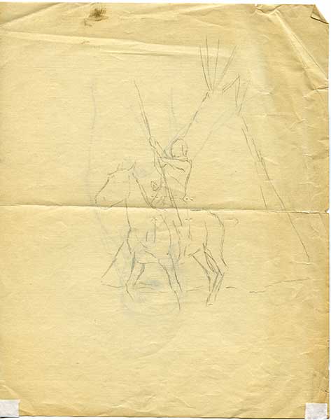Sketches of Native men and teepee, c. 1910-12. Graphite on paper, 1 page, 8 x 10 in. C.M. Russell Museum, Great Falls, Montana, gift of Richard Flood II (975-12-0606).