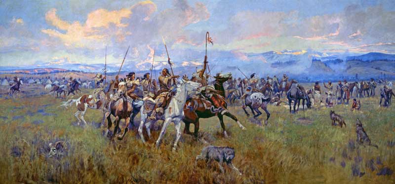 Lewis and Clark Meeting Indians at Ross’ Hole, 1912. Oil on canvas, 140 x 296 in. Montana Historical Society, Helena; Mural in Montana State Capitol (X1912.06.01)
