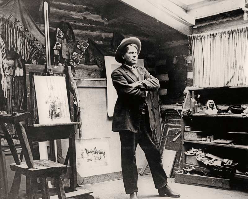 Charles M. Russell in His Studio, 1908. Black and white photograph, 8 x 10 in. C.M. Russell Museum, Great Falls; gift of Ralph and Fern Lindberg (996.10.78)