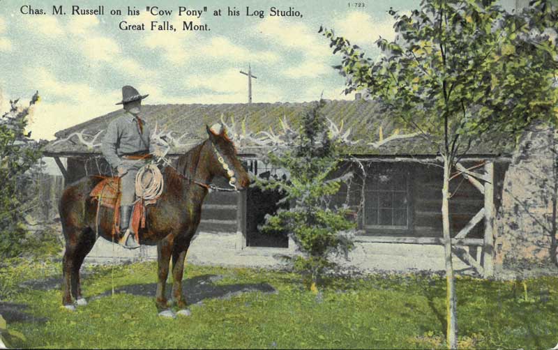 Chas. E. Morris, Chinook MT. Chas. M. Russell on his “Cow Pony” at his Log Studio, 1909